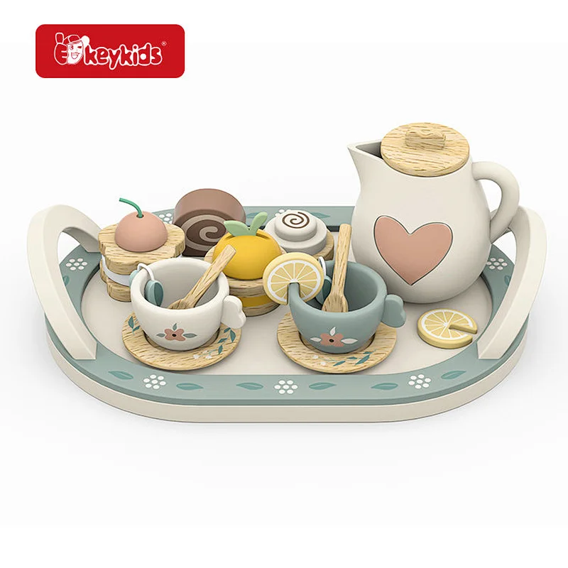 Children Role Playing Wooden Toy Tea Party Set with Tray, Teapot, Tea Cups, Biscuits W10B516